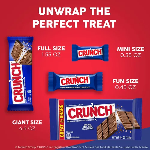 Miniatura 9 de CRUNCH Minis - Barras de caramelo, chocolate cremoso con leche con arroz crujiente, envueltas individualmente, 8 bolsas resellables, 9.8 onzas cada