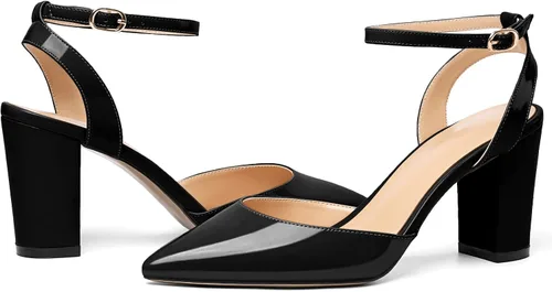Miniatura 4 de Soireelady Tacones altos gruesos para mujer, tacones puntiagudos, correa al tobillo, sandalias envolventes de charol con diseño recortado, zapatos