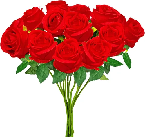 hailanbao Rosas artificiales rojas con tallos largos, 12 rosas realistas, rosas sintéticas, flores falsas a granel para decoración del hogar, Rojo
