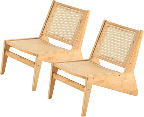 Miniatura 11 de Welnow Silla decorativa de ratán de mediados de siglo, silla de salón de madera de bambú con respaldo de caña tejida, sillón bajo para sala