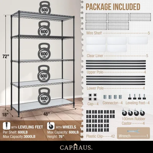 Miniatura 3 de CAPHAUS NSF - Estantería de alambre resistente de grado comercial con ruedas, patas de nivelación y revestimientos, estante de metal