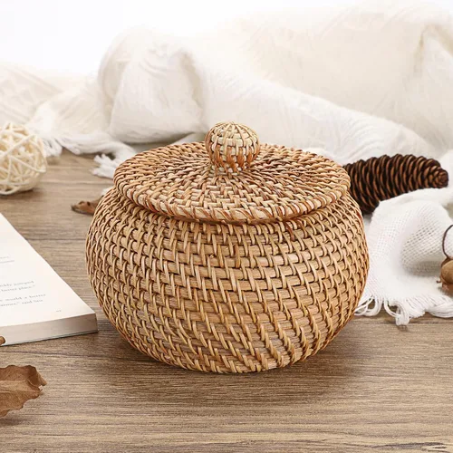 Miniatura 6 de Hipiwe Cajas de Cestas Redondas de Ratán con Tapa Tejidas a Mano, Cestas de Almacenamiento de Mimbre, Contenedor, Cesta Decorativa Multiusos