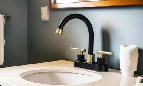 Miniatura 5 de Grifo de baño negro y dorado, 2 manijas de 4 pulgadas con drenaje desplegable, moderno fregadero de tocador de caravana de 2 o 3 agujeros de montaje