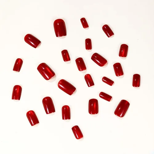 Miniatura 5 de Uñas postizas a presión de Navidad, color rojo vino, uñas postizas cuadradas medianas con diseño degradado, cobertura completa, acrílico brillante