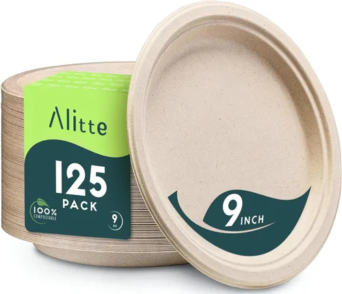 Platos compostables, platos de papel desechables de alta resistencia - [125 unidades] de 9 pulgadas, biodegradables sin blanquear, hechos de bagazo