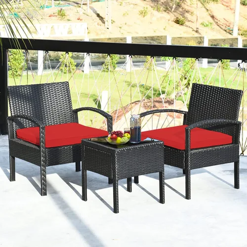 Miniatura 4 de Tangkula Juego de 3 piezas para conversación de patio, juego de sofá de ratán para exteriores con cojines de asiento y mesa auxiliar, juego de Rojo