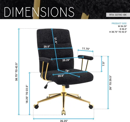 Miniatura 3 de Elegante silla de oficina negra y dorada con tela texturizada Boucle, moderna silla de escritorio con asiento acolchado, altura ajustable con base