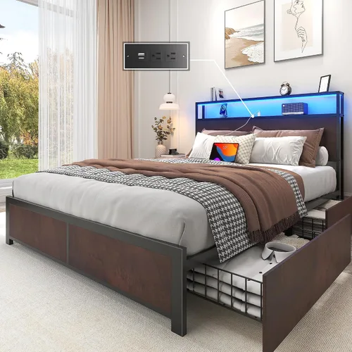 Miniatura 18 de Lifezone Estructura de Cama Full con Cabecero de Almacenamiento de 2 Niveles, Estructura de Cama de Plataforma de Metal con 4 Cajones de Marrón