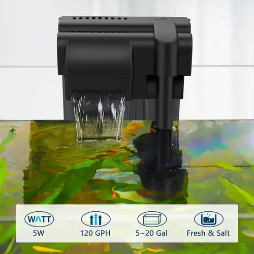 Miniatura 2 de fishkeeper Filtro de acuario ultra silencioso de 5 W 120 GPH para colgar en la parte posterior, filtro bioquímico de 4 etapas para tanque de peces