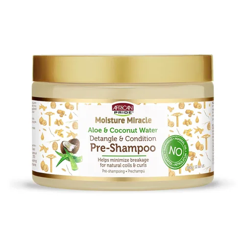 African Pride Moisture Miracle - Pre-champú desenredante para el cabello con aloe y agua de coco | Minimiza la rotura, hidrata y fortalece |