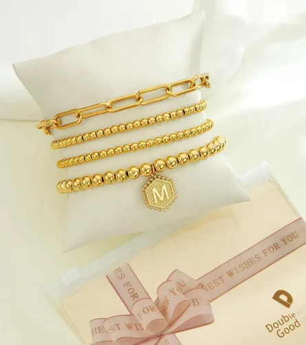 Miniatura 6 de doubgood - Pulseras de cuentas doradas para mujer, apilables, elásticas, chapadas en oro auténtico de 14 quilates, con dije de letras