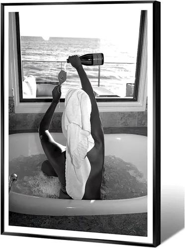 Póster de moda en blanco y negro, divertido arte de pared de mujer bebiendo vino en la bañera, decoración de habitación de chica funky vintage,