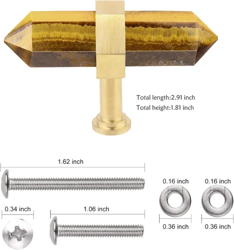 Miniatura 2 de 2 pomos hexagonales de piedra de ojo de tigre con tornillos, barra en T, tiradores de piedra de latón cepillado para gabinete, cocina, aparador