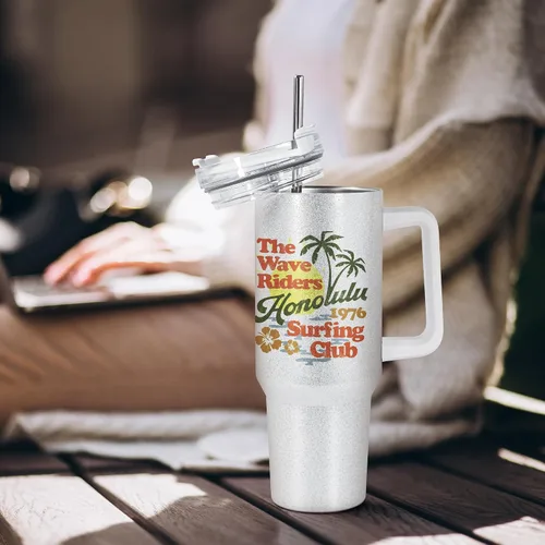 Miniatura 5 de AGH Paquete de 4 vasos de sublimación blancos con purpurina de 40 onzas con popote y tapa de acero inoxidable, vasos aislados al vacío de doble