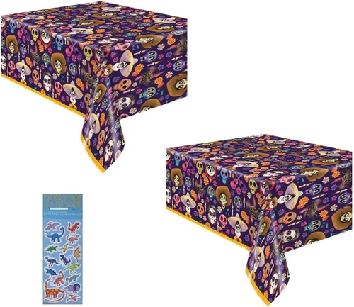 El paquete de suministros para fiestas de Coco incluye 2 manteles rectangulares de plástico de 54 x 84 pulgadas y 1 hoja de calcomanías de dinosaurio