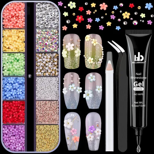 Miniatura 26 de Dijes para uñas 3D, kit de manicura con gel de pegamento de diamantes de imitación para uñas (curado UV), mariposa blanca rosa flor gemas AB 03-2