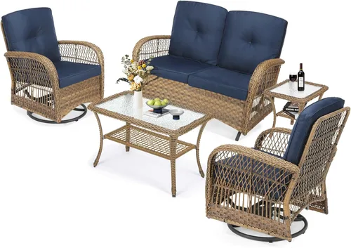 Miniatura 63 de MEETWARM Juego de 3 piezas de mimbre giratorio para patio al aire libre, mecedoras, juegos de muebles de patio de ratán con cojín grueso y mesa