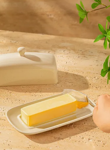 Miniatura 5 de Sweese Mantequillera con tapa, manteca de porcelana, soporte para mantequilla de 7.8 pulgadas con cubierta de asa, recipiente de mantequilla Beige