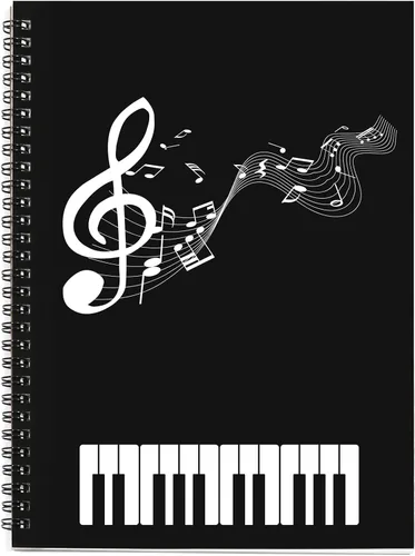 Miniatura 14 de Cuaderno con hojas en blanco para música, composición, manuscrito, con diseño de teclado de piano, 50 hojas, 26 x 19 cm., negro (Black Piano)