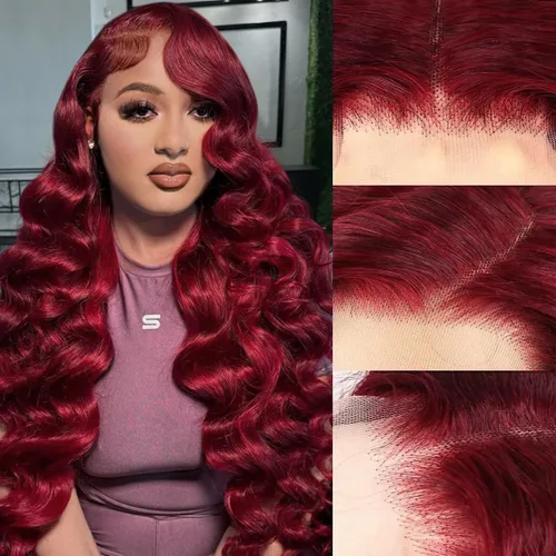 Pelucas de cabello humano con encaje frontal color borgoña 99J, pelucas onduladas sueltas de 13 x 6, peluca de cabello humano burdeos de 22 pulgadas