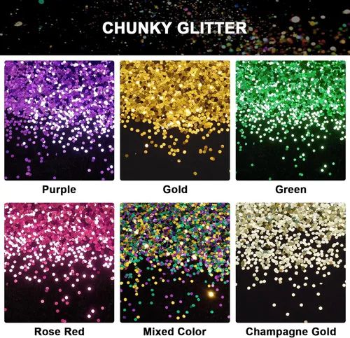 Miniatura 5 de Ceya Brillantina Mardi Gras, 6 colores, 4.23 onzas cada frasco de 1/24 pulgadas, para manualidades, para máscaras, sombreros, vasos de globo
