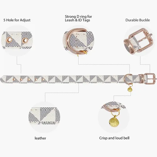 Miniatura 5 de Collar de cuero para perro y correa de 4 pies, collar básico ajustable con patrón de campana a cuadros, collar y correa de cuero duradero