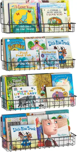 X-cosrack Paquete de 4 estanterías de metal montadas en la pared, estantes flotantes para libros para niños, guardería, aula infantil, organizador