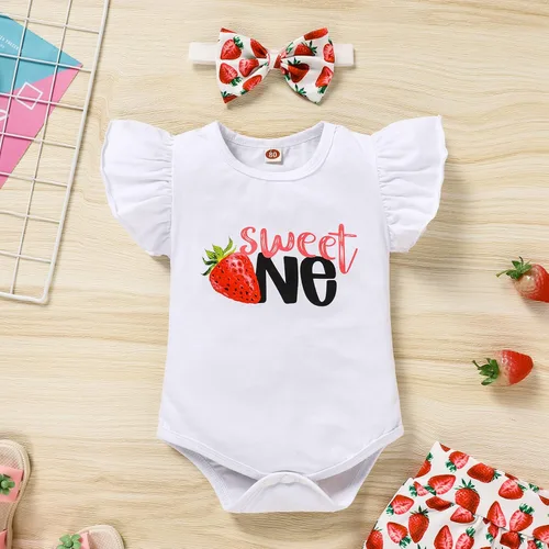 Miniatura 8 de Conjunto de ropa para bebé niña de 1er cumpleaños con mangas con volantes + pantalones cortos estampados + diadema para tartas