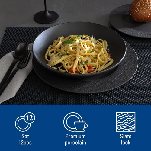 Miniatura 2 de Villeroy & Boch Manufacture Rock - Juego de vajilla de 12 piezas, servicio para 4, platos llanos, platos de ensalada y cuencos para pasta, porcelana