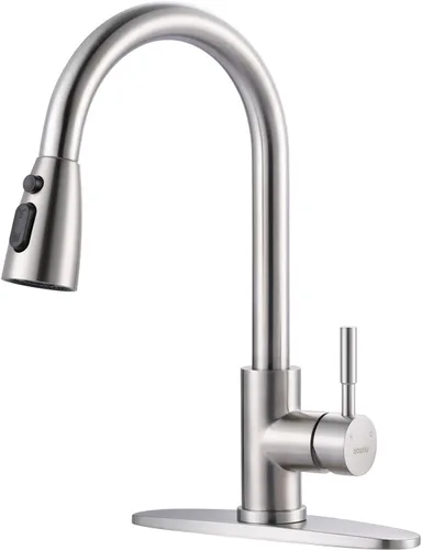 Miniatura 30 de WOWOW - Grifo de cocina cromado con rociador, grifo de fregadero de cocina extraíble de acero inoxidable con placa de cubierta, grifo de cocina
