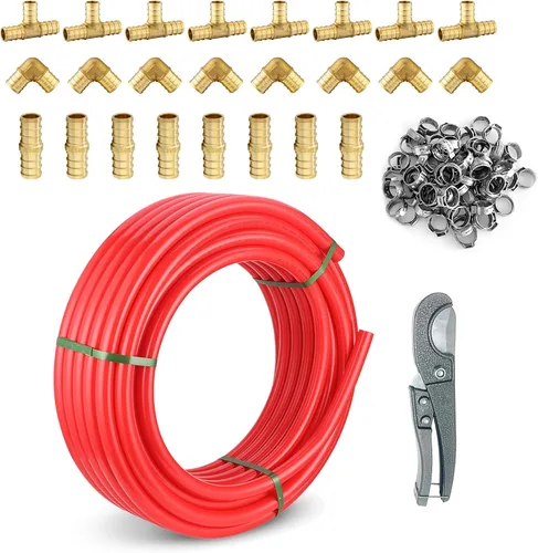 Miniatura 10 de Tubo Niikappu Red PEX-B de 1/2 pulgada, tubo Pex B de 100 pies con un cortador de tubos, 10 accesorios de engarce de latón y 30 anillos de cobre