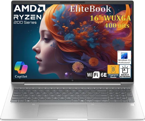 HP Laptop EliteBook 2026 de 16 pulgadas, AMD Ryzen 5 200 Copilot AI PC, 16 GB DDR5 RAM, 512 GB PCIe SSD, FHD+, seguridad empresarial, carga rápida,