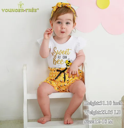 Miniatura 2 de YOUNGER TREE Traje de bebé niña de primer cumpleaños con estampado de abejorro de abejorro, mameluco corto con diadema de verano con mangas
