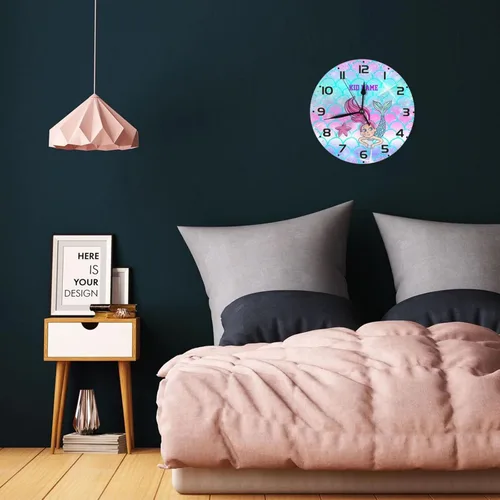 Miniatura 5 de Reloj de pared personalizado con escamas de sirena coloridas y estrellas de mar para habitación de niños, reloj de pared personalizado con nombre