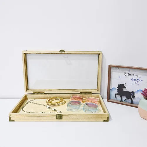 Miniatura 7 de MOOCA Caja de almacenamiento de accesorios de madera natural con esquinas de latón y cierre de metal, bandeja de joyería de madera