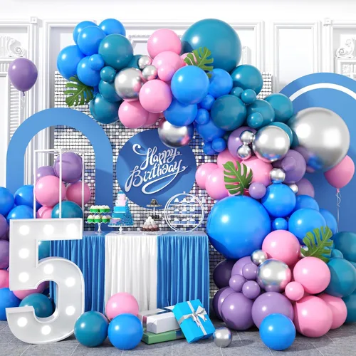 Kit de Guirnalda de Arco de Globos Azul Morado, Globos Azul Rosa Morado Metálico Plateado para Cumpleaños de Niños Fiesta Tropical Hawaiana