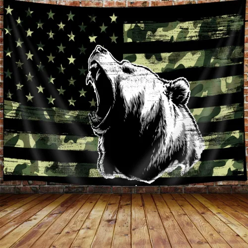Miniatura 13 de Tapiz de Oso con Bandera Americana Country, Tapiz Rústico de Caza Camo Bass Bear en Blanco y Negro para Colgar en la Pared para Dormitorio de Oso