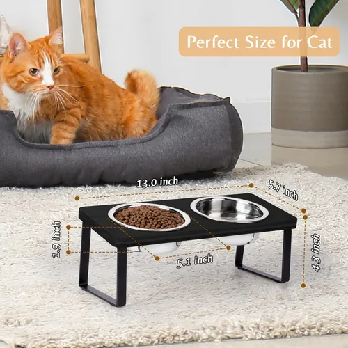 Miniatura 5 de Tazones elevados para comida y agua para gatos – Tazón elevado de acero inoxidable inclinado en 15° con soporte de bambú negro y estación