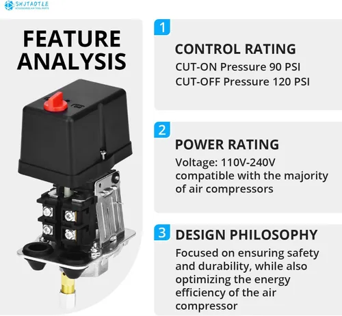Miniatura 3 de Válvula de control universal del interruptor de presión del compresor de aire (90-120 PSI, 110V-240V) con regulador de 0-180 PSI y válvula de alivio