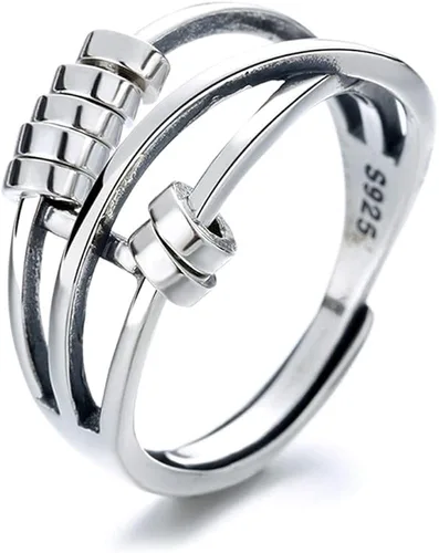 NewZenro Anillos abiertos de tres capas circulares redondos antiansiedad para mujeres y niñas, plata de ley 925, personalizados, alivio del estrés,