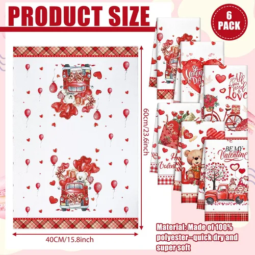 Miniatura 3 de Patelai 6 toallas de cocina para el día de San Valentín, corazones rojos, a cuadros, camión, té, baño, vacaciones, platos, 21.3 x 14.3 pulgadas