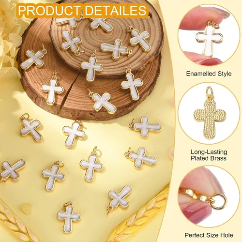 Miniatura 2 de LiQunSweet 20 dijes chapados en oro con cruz esmaltada blanca para hacer joyas Colgantes blancos de cruz