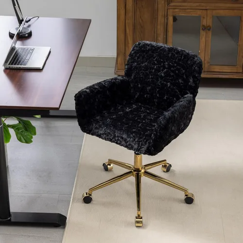 Miniatura 4 de HomVent Bonita silla de oficina peluda, moderna silla de piel sintética negra con ruedas y base dorada, silla giratoria ergonómica ajustable