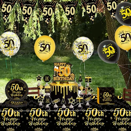 Miniatura 8 de Suministros de decoración de fiesta de cumpleaños número 50 para hombres y mujeres, incluye 16 platos, 20 servilletas, 1 mantel, 1 pancarta, 16