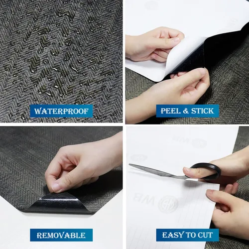 Miniatura 4 de FunStick - Papel de colgadura adhesivo geométrico negro y dorado, diseño moderno de falso tejido de hierba, textura de espiga, autoadhesivo, papel