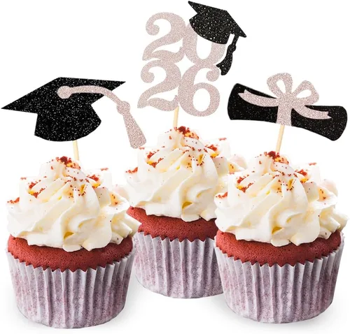 Miniatura 9 de Decoración para cupcakes de graduación con purpurina azul 2026, selecciones de alimentos/aperitivos, suministros de fiesta de graduación de 2026