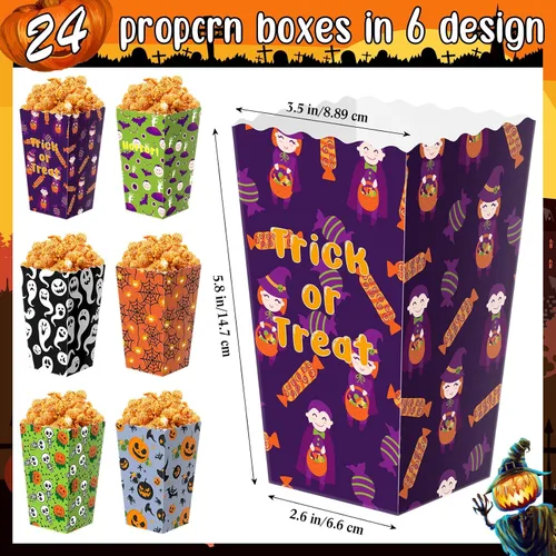 Miniatura 2 de Roshtia 24 cajas de palomitas de maíz de Halloween, 6 diseños de bolsas de palomitas de maíz, cajas de dulces para golosinas para aperitivos, bolsas