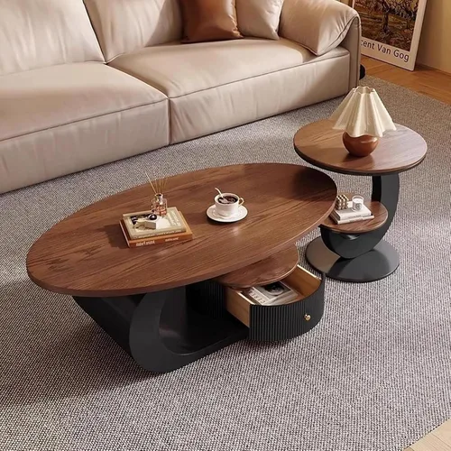Miniatura 2 de Juego de mesa de centro ovalada moderna de 2 piezas, mesas de centro anidables con almacenamiento, mesa auxiliar con marco de metal, mesa de centro