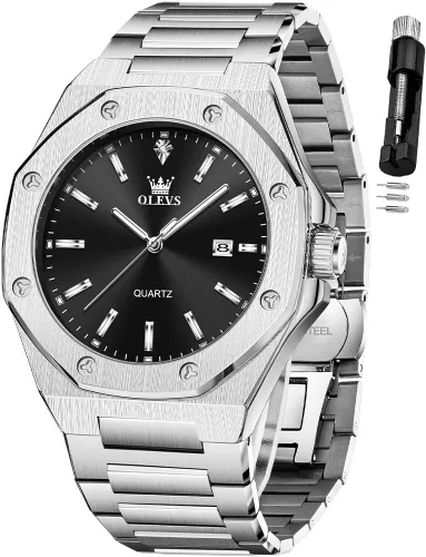 Miniatura 17 de OLEVS - Relojes de acero inoxidable para hombre, reloj de negocios y vestir de gran tamaño, fácil de leer, analógico, impermeable, luminoso, casual