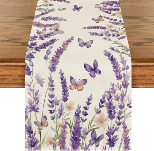 Artoid Mode Camino de mesa de primavera con mariposas florales de lavanda morada, decoración de mesa de comedor de cocina de verano de temporada